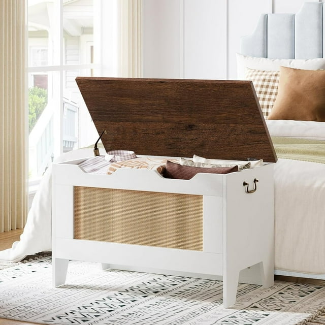 Aoile 30" Storage Box, Storage Bench with Safety Hinge & Handles, 350lb Load Capacity, Brown White