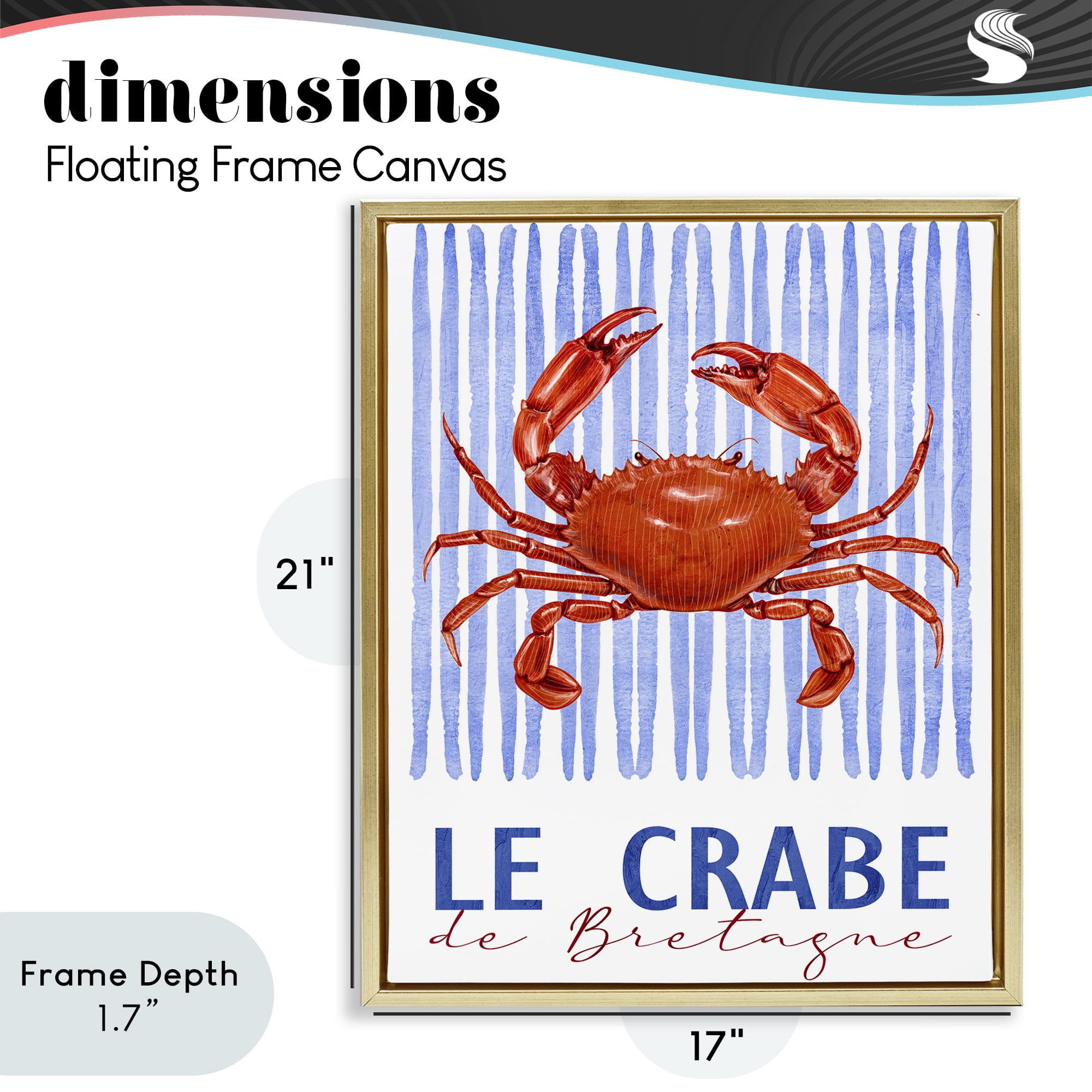 Stupell Industries Le Crabe Nautical Stripes Gold Framed Floater Canvas Wall Art, design by Kim Allen