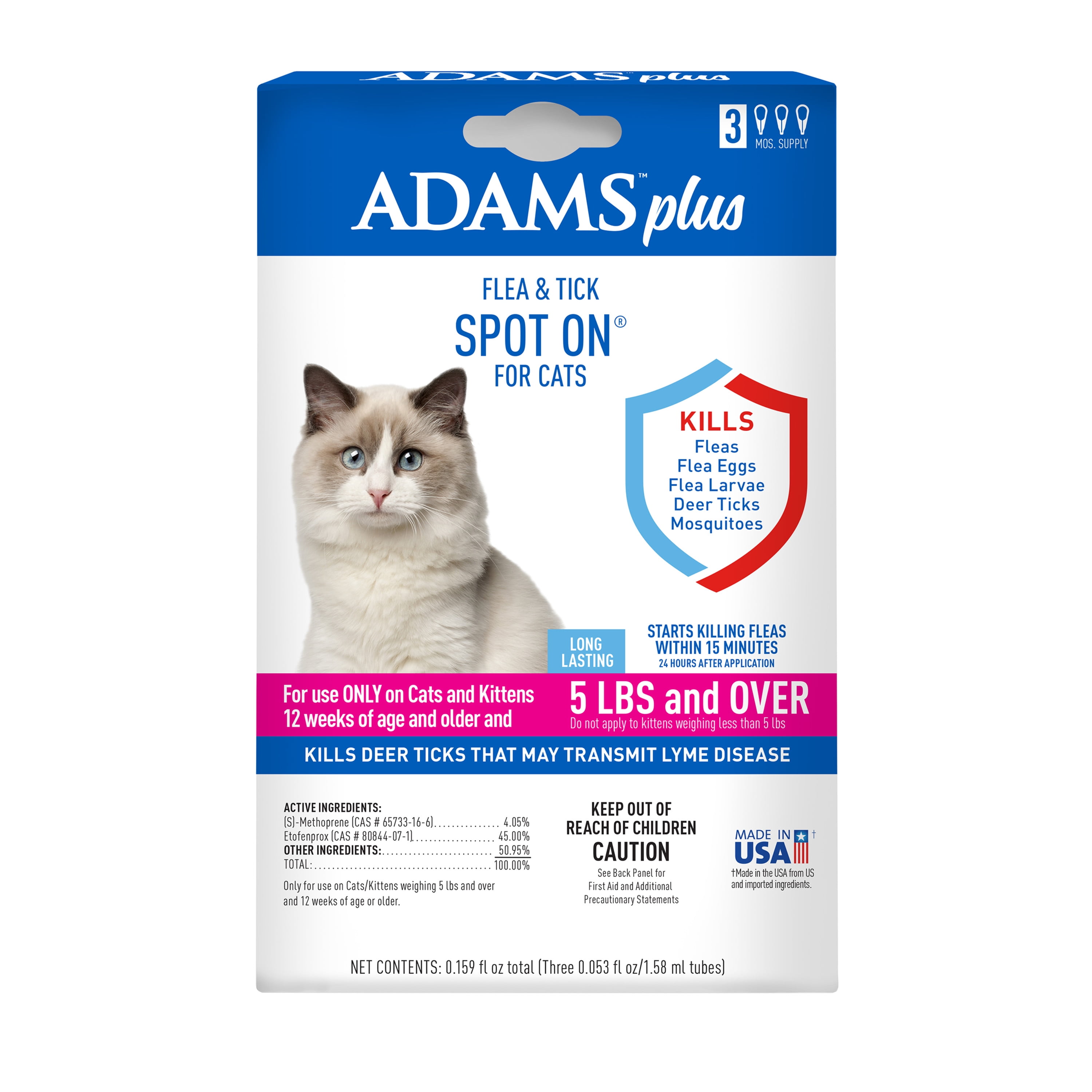 ADAMS* Spot On FLEA & TICK 12 Weeks FOR CATS 2.5-5lbs INFEST STOP Applicator 1/2 