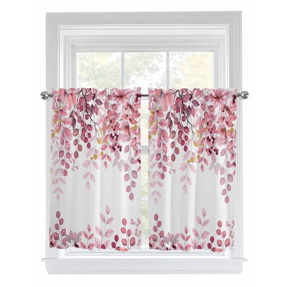 Kitchen Curtains 54 Inches length, Pink Eucalyptus Leaves Window Treatment Curtain Drapes, Summer Botanical Watercolor Decorative Window Curtains for Bedroom Cafe, 52"x54", 2 Panels