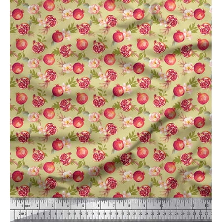 Soimoi Beige Poly Georgette Fabric Floral & Pomegranate Fruits Printed Fabric 1 Yard 42 Inch Wide