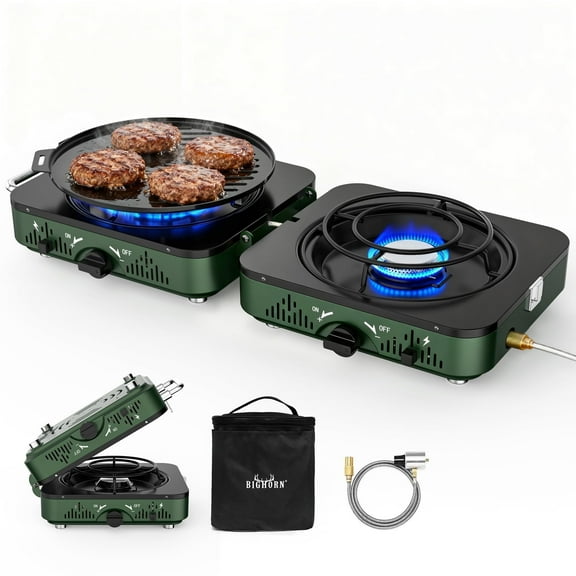 BIG HORN OUTDOORS Portable Propane Camping Stove, 2 Burner Foldable Gas Stove with Frying Pan & Carry Bag