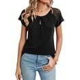 thumbnail image 3 of Hibeli Women Round Neck Lace Raglan Short Sleeve Solid Color Pullover Top, 3 of 7