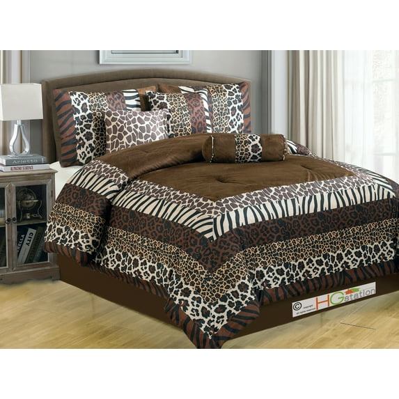 7-Pc Faux Fur Safari African Animal Kingdom Giraffe Zebra Leopard Jaguar Tiger Comforter Set Coffee King