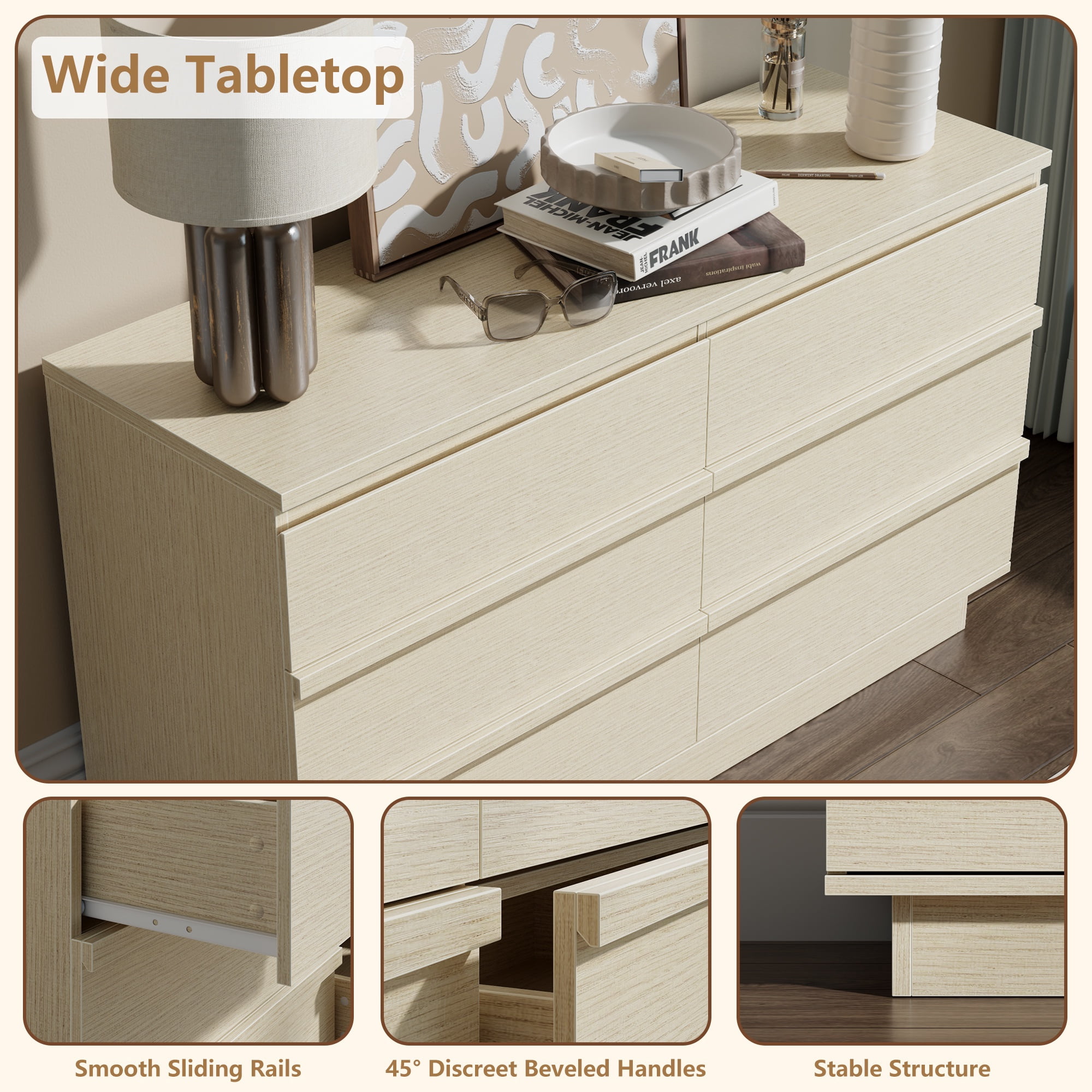 Satifur 6-Drawer Dresser, 47.2 Inch Wide Beech Wood TV Stand & Storage Cabinet for Living Room Bedroom