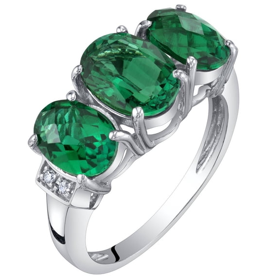 PEORA Created Emerald and Genuine Diamond Three Stone Triune Ring for Women 14K White Gold, 2 Carats total Oval Shape 7x5mm, Size 6