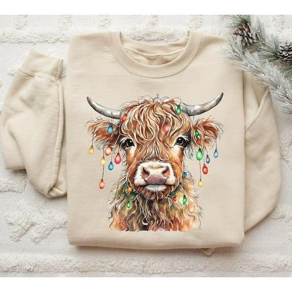 Christmas Cow Sweatshirt, Cow Lights Sweater, Cow Women Sweatshirt, Cow Lover Shirt, Christmas Sweatshirt, Highland Cow Crewneck, Farm Xmas