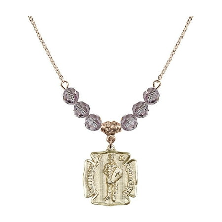 Gold Saint Florian Medal 18-Inch Hamilton Gold Plated Necklace with 6mm Light Purple February Birth Month Stone Beads and Saint Florian Charm ()
