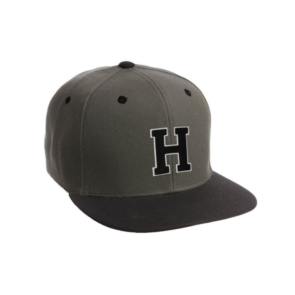 Classic Snapback Hat Custom A to Z Initial Letters, Charcoal Black Cap Wht Blk Letter Initial H