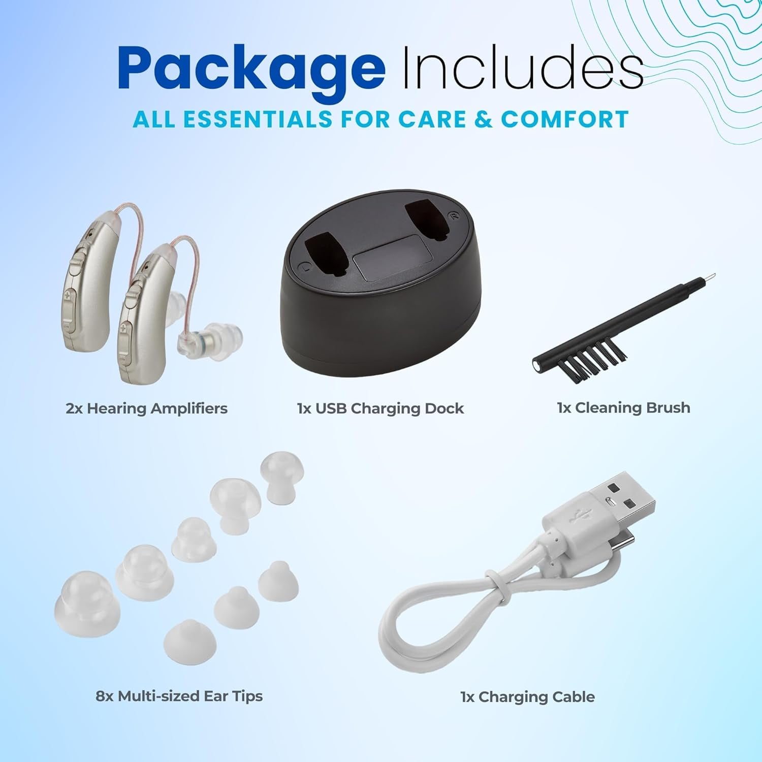 Rechargeable Hearing Aids for Seniors - Behind-the-Ear Hearing Amplifier PSAP Design w/Noise Cancellation, Personal Sound Amplification Device Pair, LCD Magnetic Charging Dock,Sliver
