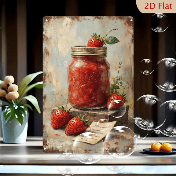 Strawberry Jam Still Life Wall Art, 8x12 Inches Metal Tin Sign, Vintage Oil Painting Style, Rustic Mason Jar with Fresh Berries and Recipe Paper, Farmhouse Kitchen Decor
