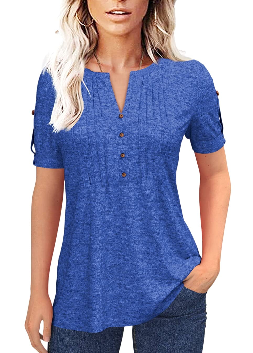 Sherrylily Women Summer Pleated Button Short Sleeve T-Shirt V-Neck ...