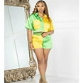 thumbnail image 2 of Color Patchwork Glossy Satin Two Piece Set Women Pockets Short Sleeve Shirts Crop Tops And Shorts Casual Summer Suits Tracksuit, 2 of 5