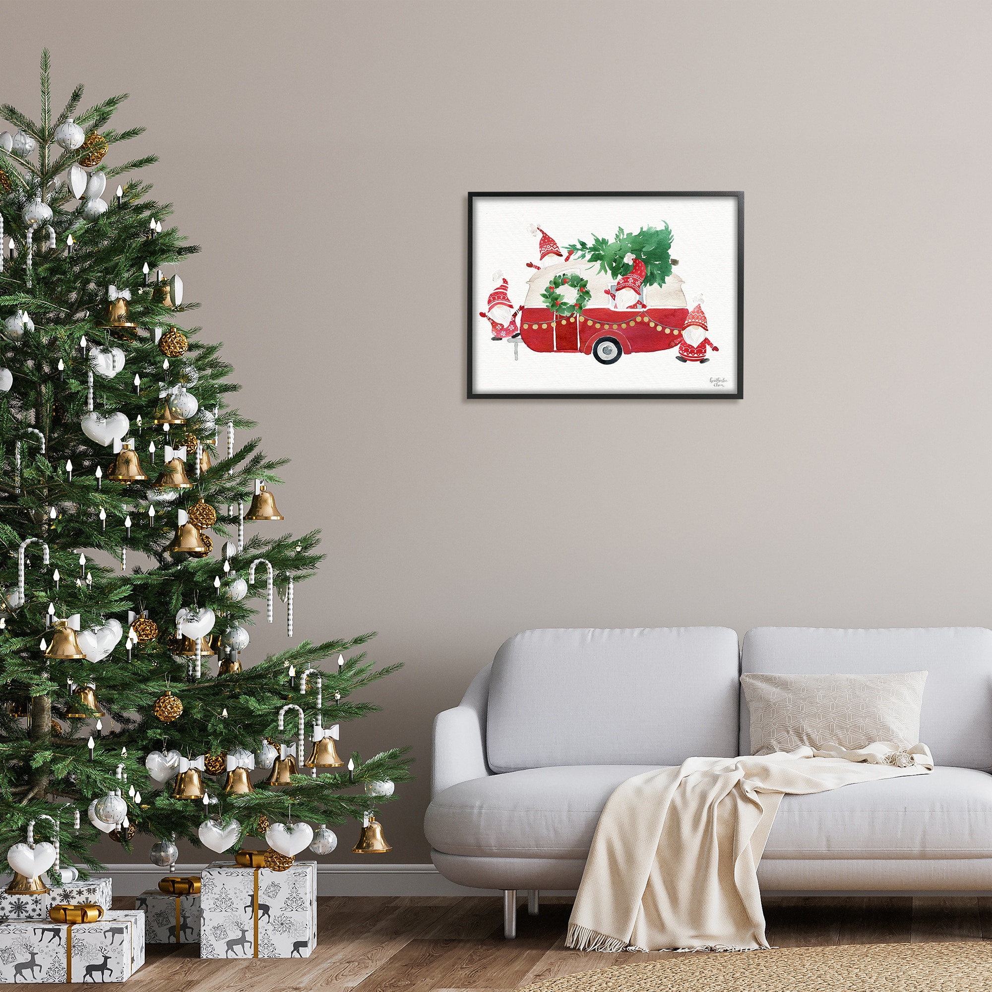 Stupell Industries Holiday Garden Gnomes Seasonal Holly Wreath Tree Painting Black Framed Art Print Wall Art, Design by Heatherlee Chan