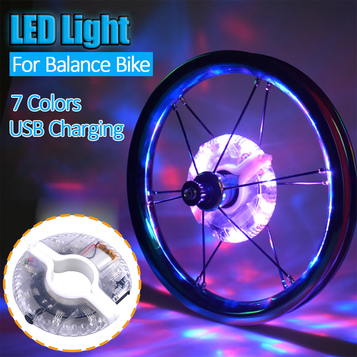 LED Bike Wheel Light 7 Color USB Rechargeable Hub Safety Tire Lights 
