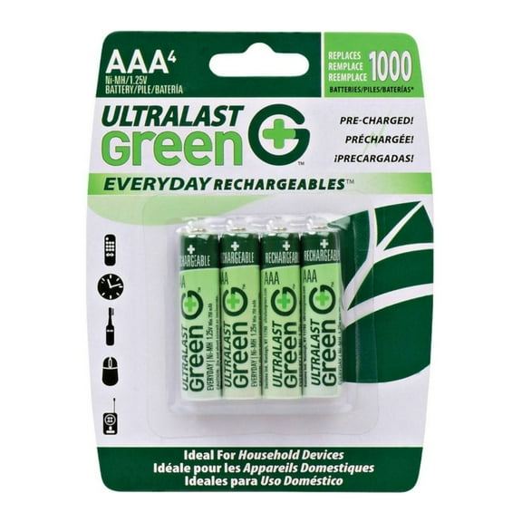 Ultralast ULGED4AAA Green Everyday Rechargeable 750mAh, 1.2V, Precharged AAA NiMH Batteries (4-Pack)
