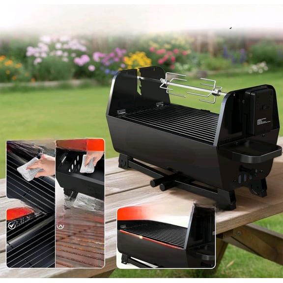 ‑Man 2‑in‑1 Charcoal BBQ Grill with Motorized Rotisserie – Portable, Foldable Grill, 257 sq in Outdoor BBQ Grill for Camping & Tailgate, Adjustable Height, Dual Vents$$Garden & Patio