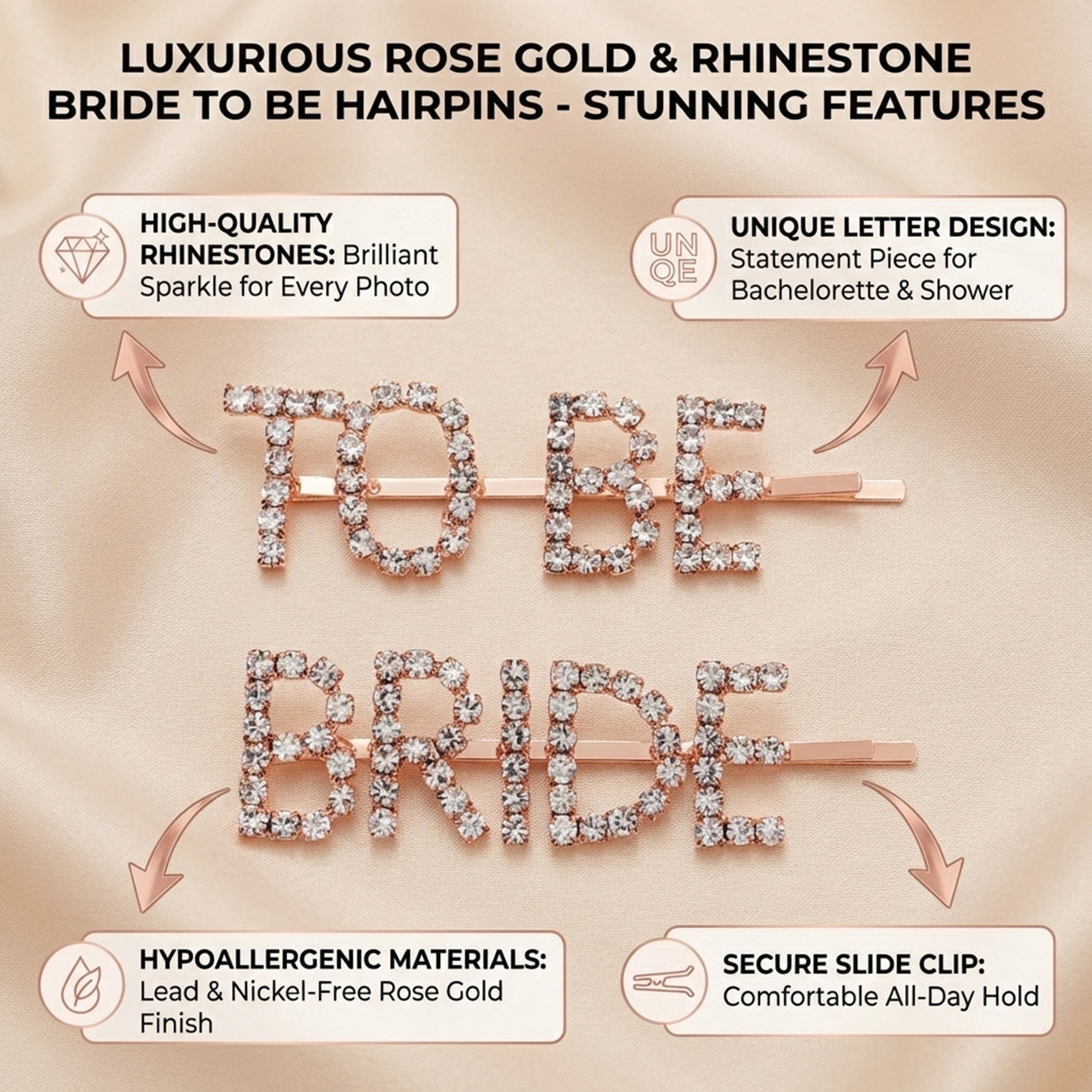 Miallo Bride to Be Hair Clips, Rose Gold 2Pcs Rhinestone Letter Bobby Pins for Bachelorette Party Favors & Bridal Shower Gifts
