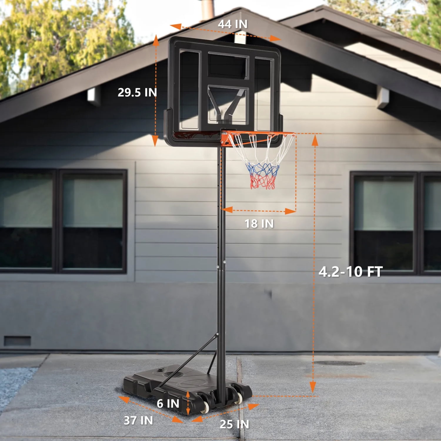 Portable Basketball Hoop, 4.2-10ft Adjustable Height, 44" Shatterproof Backboard, Fillable Base with 2 Wheels for Youth & Adults