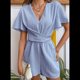 thumbnail image 5 of Mono con Cuello en V y Volantes para Mujer, Liso, Corta, Tirantes en la Espalda, Pantalones Cortos Casuales Holgados. Azul S, 5 of 9