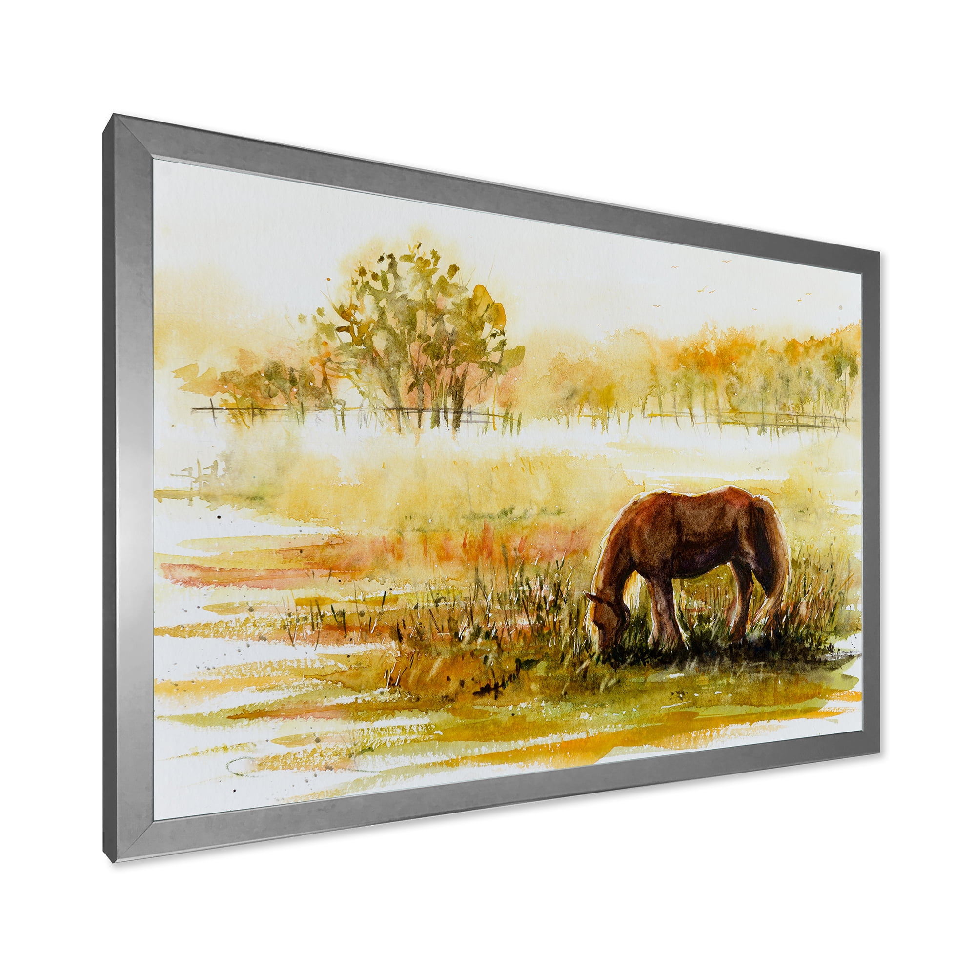 Designart 'Horse Eating Grass On A Meadow' Farmhouse Framed Art Print