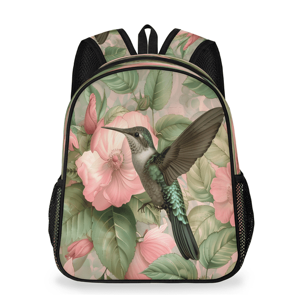 Jiaoprinted Hummingbird Backpack, Lightweight Casual Daypack with Chest Strap & Water Bottle Pockets, Vintage Floral Bird Sports Travel Bag for Work