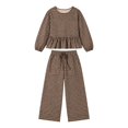 thumbnail image 5 of Szluipve 2 Piece Sets for Women Gingham Plaid Round Neck Long Sleeve Ruffle Peplum Top And Drawstring Wide Leg Cropped Pants 2 Piece Outfit Casual Loungewear Set With Pockets Brown S, 5 of 5