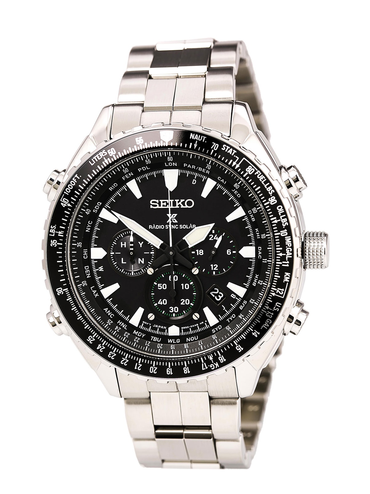 Seiko Men's SSG001 Prospex Radio Sync Solar Steel Bracelet Black Dial  Chronograph World Time Watch 