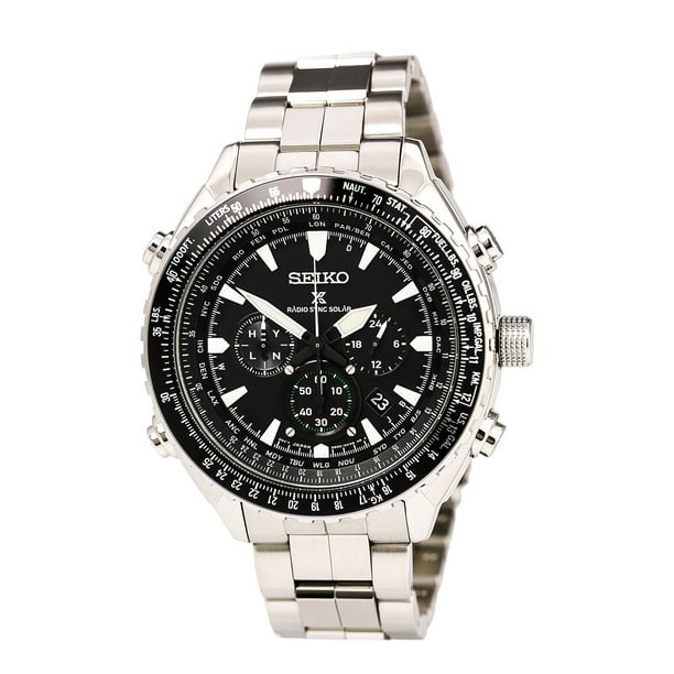 Seiko Men's SSG001 Prospex Radio Sync Solar Steel Bracelet Black Dial Chronograph  World Time Watch 