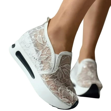 Oyedens Hidden Heels Sneakers for Women Mesh Bottom Platform Slip on Loafers Walking Shoes