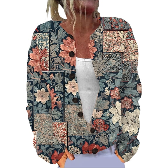 Kaondbfi Women's Cardigan, Fall Cute Print Open Front Knit Cardigan Sweater Winter Casual Loose Button Down Long Sleeve Coat Winter Coat for Women