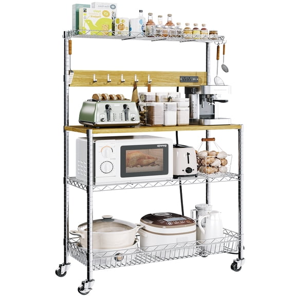 Meieajiaju Bakers Rack with Power Outlet & Storage, 33 Inch Microwave Stand Kitchen Shelf Storage Rack, Coffee Bar Cart with Wheels & Hooks, 4-Tier Metal Kitchen Shelves Cart, Chrome
