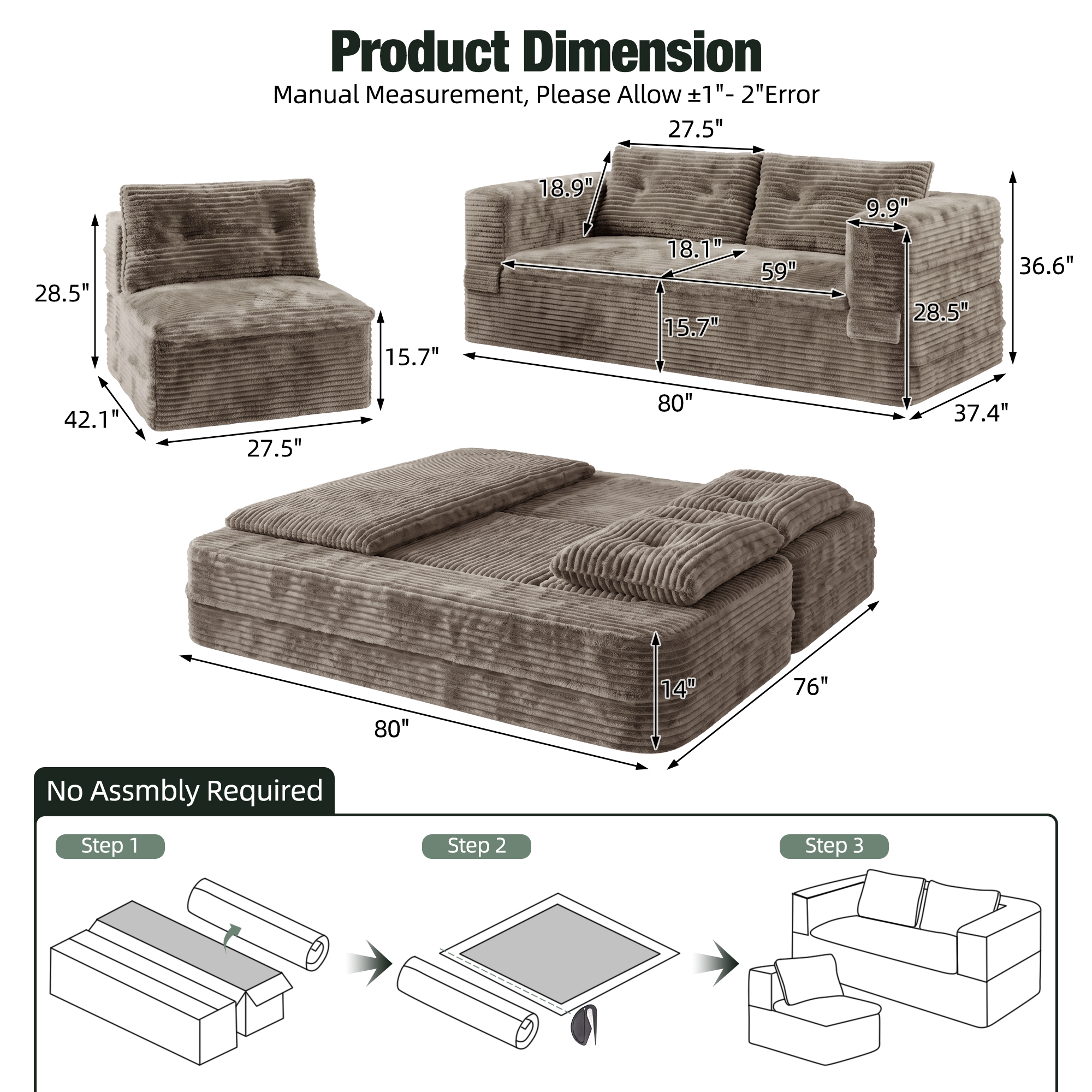 HOQBN 80" King Size Sleeper Sofa Bed, Plush Corduroy Deep Seat Sofa Couch with Independent Chaise and Functional Blanket for Living Room, Bedroom Coffee