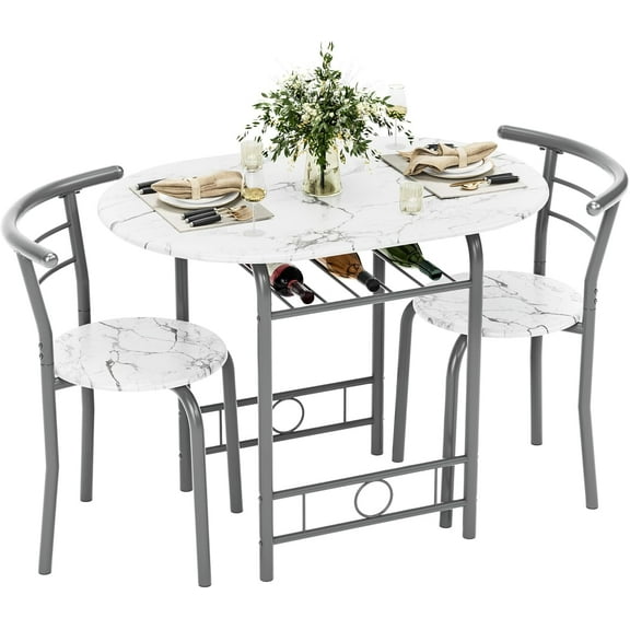 Dining Table for 2, 3 Piece Round Table & Chair Set, Small Kitchen Table for Breakfast Nook, Wood Grain Tabletop and Built-in Storage Rack, Space Saving for Kitchen, Dining Room (White)