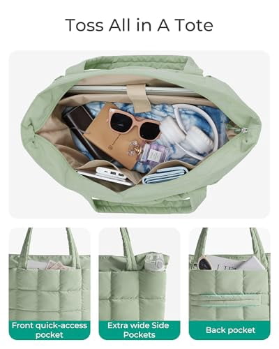 BAGSMART Expandable Tote Bag for Women, Puffer Small tote bag with Zipper, Travel Tote Bags Casual Handbags Nurse Bag, Green