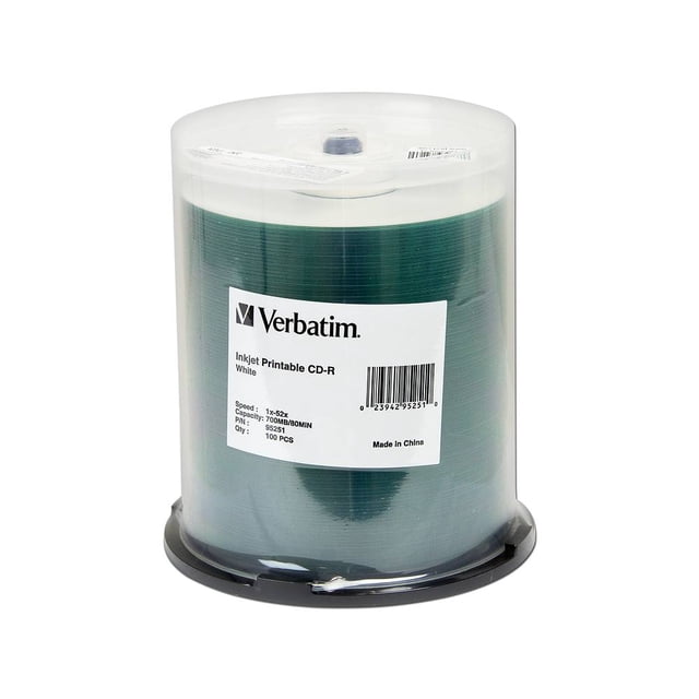 Paquete de 100 CD-R Verbatim Imprimibles, 700MB/80Min, 52X Verbatim 95251