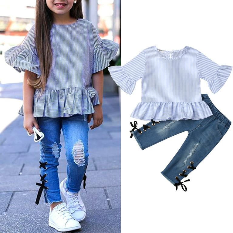 IZhansean Toddler Baby Girls Stripe Tops Shirt Ripped Denim Pants Jeans  Outfits Clothes Light Blue 12-18 Months 