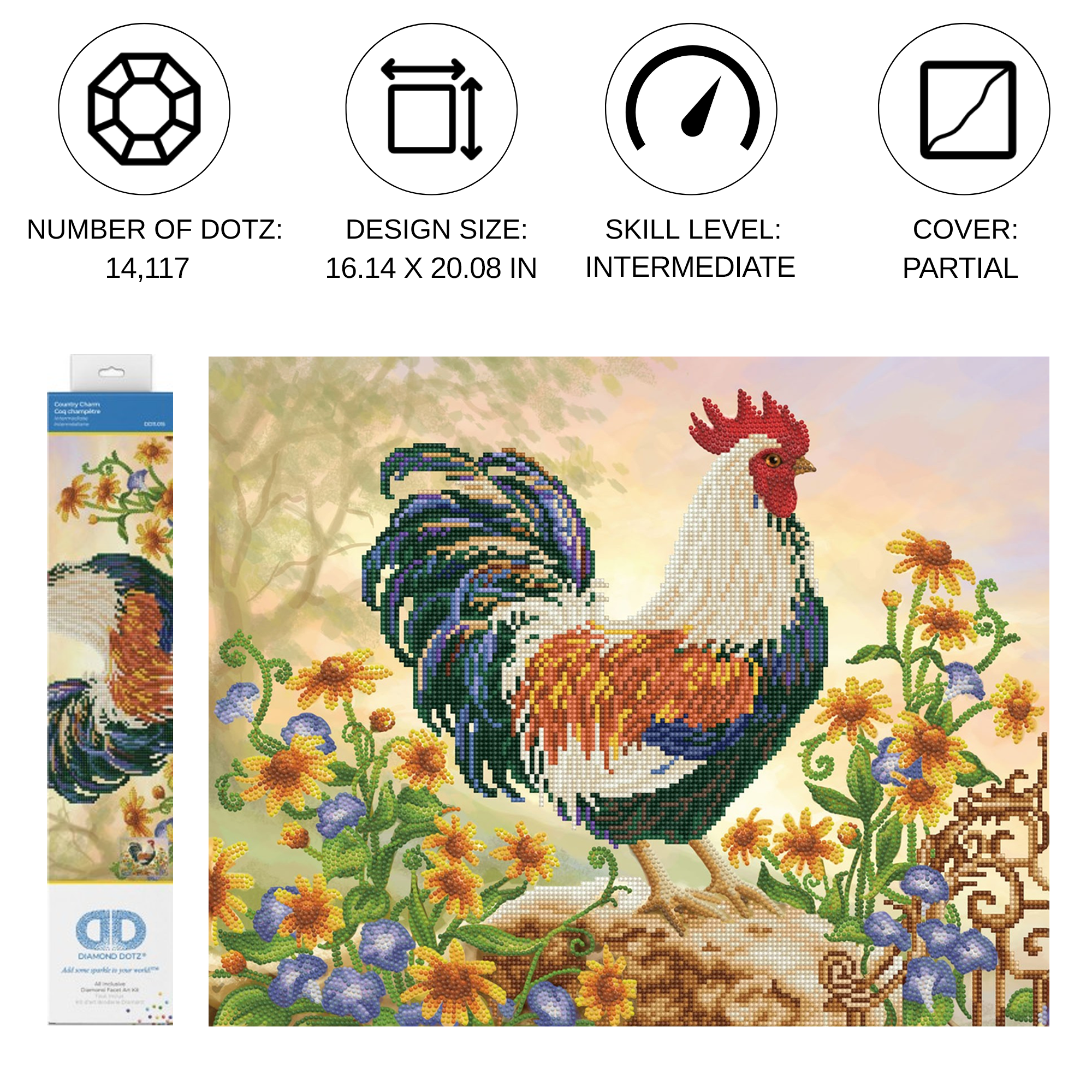 Diamond Dotz Country Charm Rooster Diamond Painting Kits for Adults - Diamond Art Kits a Relaxing Creative Craft Kit with Dotz Gems 16.1"x20.1"