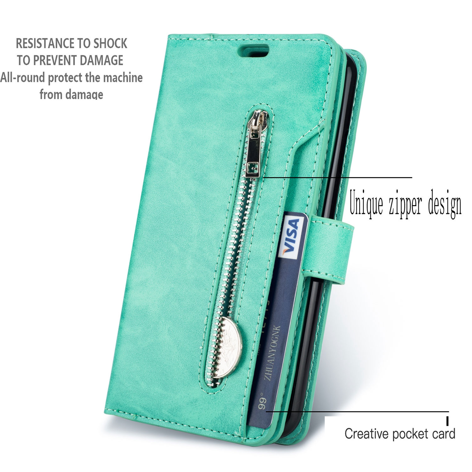 iPhone 11 Pro Max 6.5 inch Wallet Case, Dteck 9 Card Slots Premium Leather Zipper Purse case Flip Kickstand Folio Magnetic with Wrist Strap Credit Cash Cover For Apple iPhone 11 Pro Max, Mint - image 2 of 7