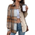thumbnail image 3 of Chaqueta de Franela A Cuadros para Mujer, Camisa de Larga con Botones, Abrigos, Conjuntos de Otoño Caqui XL, 3 of 9
