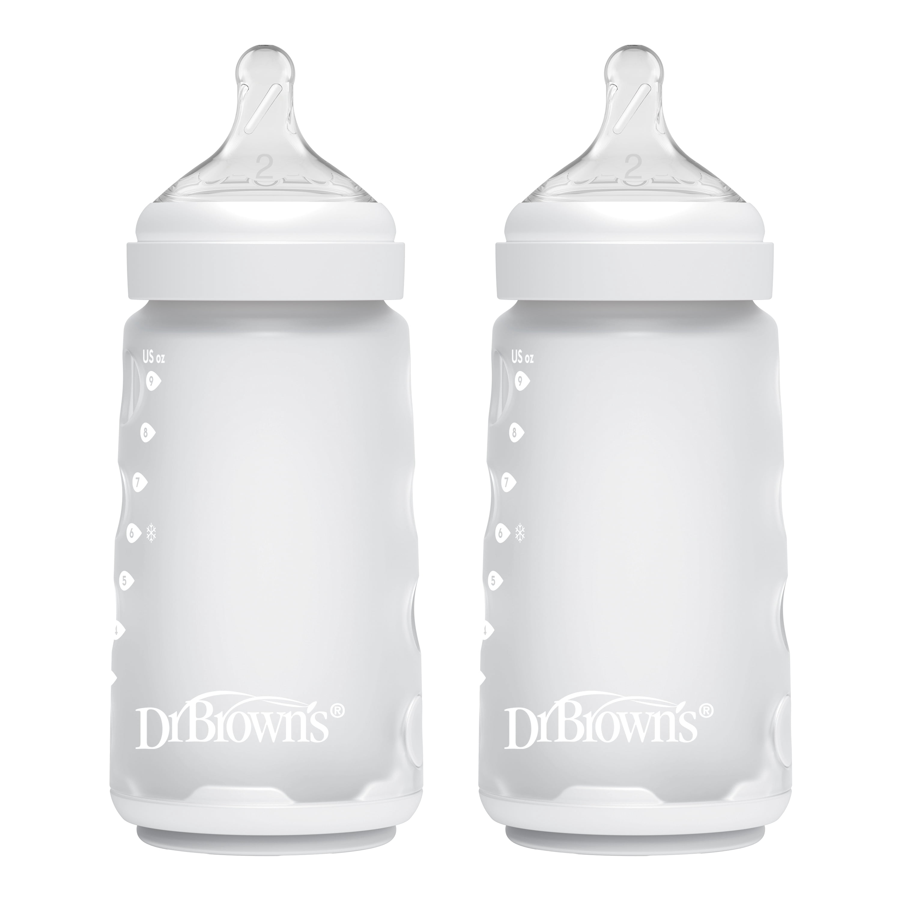 Dr. Brown's Silicone Baby Bottle, Designed to Reduce Colic, 9 oz, Level 2 Medium Flow, White, 2-Pack