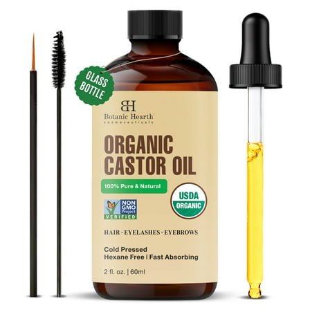 Botanic Hearth Castor Oil (2 fl oz) | USDA Certified Organic | 100% Pure & Hexane Free | Cold Pressed |Promotes Growth for Eyelashes, Eyebrows & Hair | Includes Eyebrow & Eyelash Brush