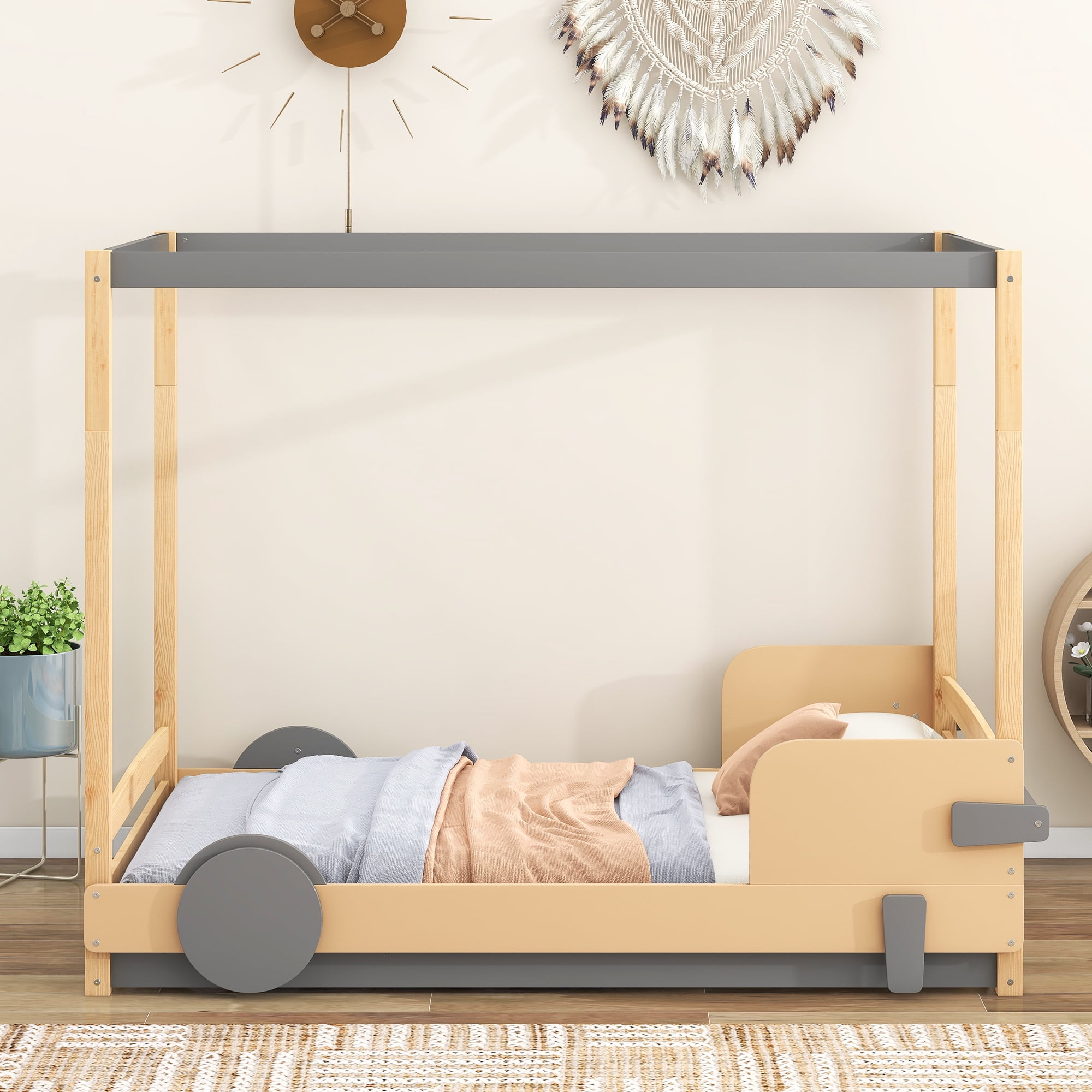 Elitezip Full Size Car Shaped Canopy Platform Bed, Pine Wood Bed Frame