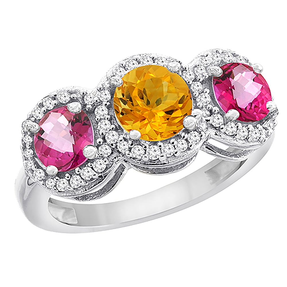 14K White Gold Natural Citrine & Pink Topaz Sides Round 3-stone Ring Diamond Accents, size 5.5 by Gabriella Gold