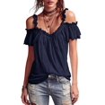 thumbnail image 2 of Women Cold Shoulder Ruffle Trim Top V Neck Short Sleeve Casual Blouse Navy Blue XL, 2 of 6