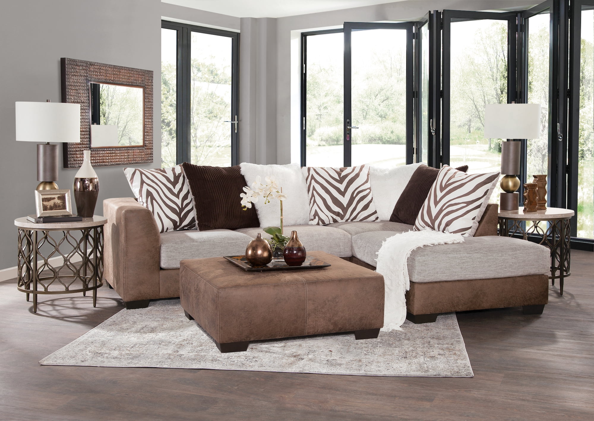 American Furniture Classics Model 8-12-A413V2-K Square Arm Brown and White Two Piece Sectional Sofa with Seven Large Back Pillows