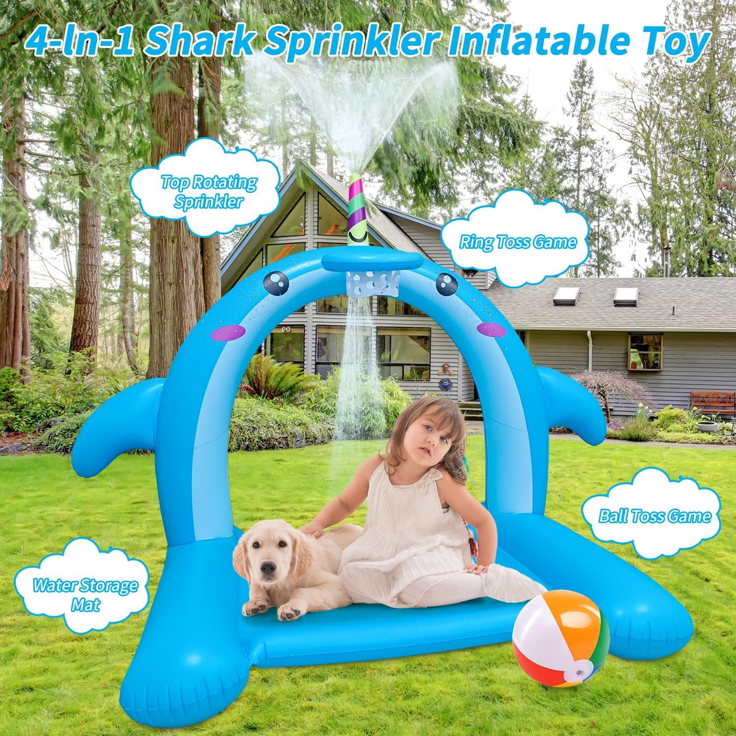 Sprinkler for Kids Outdoor Play - Giant Inflatable Shark Water Toys Splash Pad with Basketball Hoop and Tossing Game, Summer Outdoor Game for 3-8 Year Old, Water Fun Sprinkler for Kids