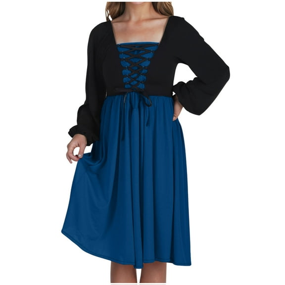 Oplxuo Renaissance Dress for Women Medieval Lantern Long Sleeve Square Neck Vintage Gothic Corset Dresses