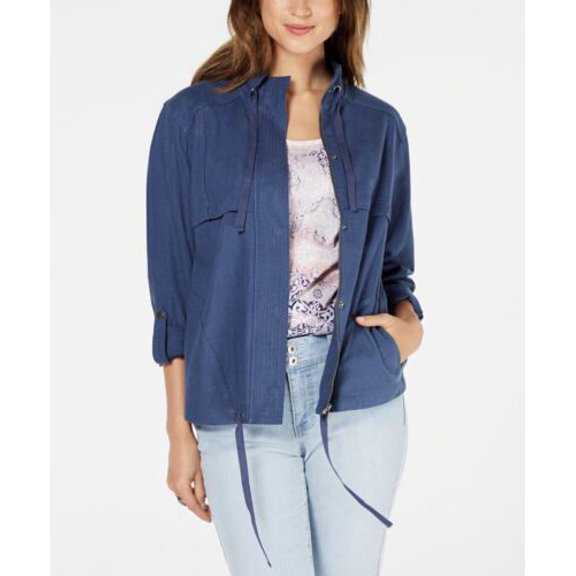 Style & Co Women's Zip-Up Roll-Tab-Sleeve Jacket Uniform Blue Size S