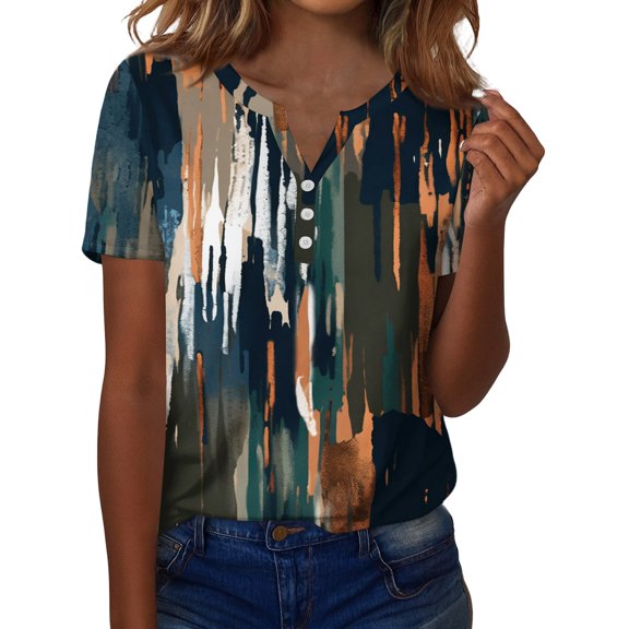 ASDFVBKG Women Floral Print Summer casual short Length Sleeve Blouse Valentines Day Crew Neck Outfit Black XL